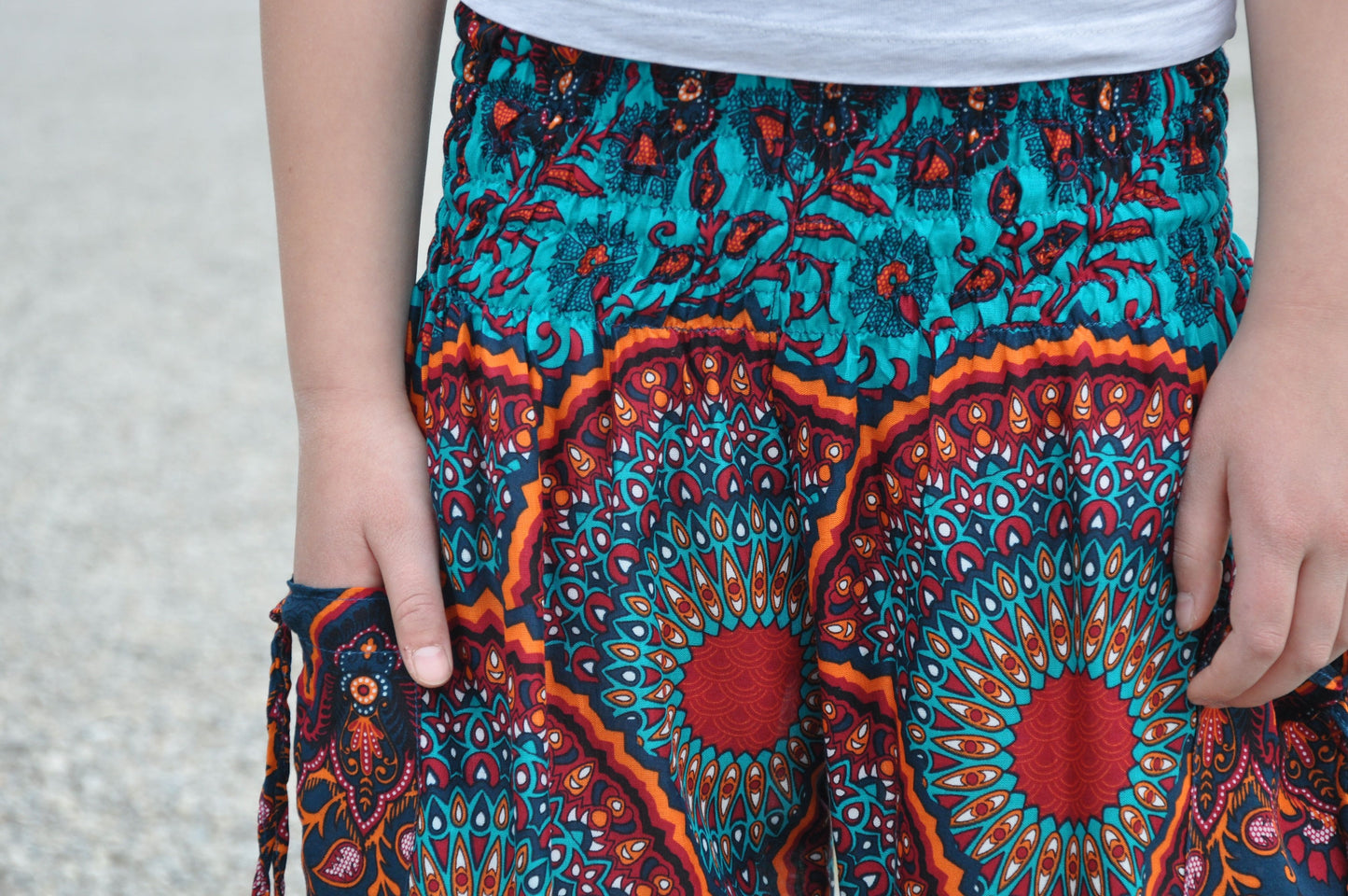 red orange turquoise patterned harem pants for children