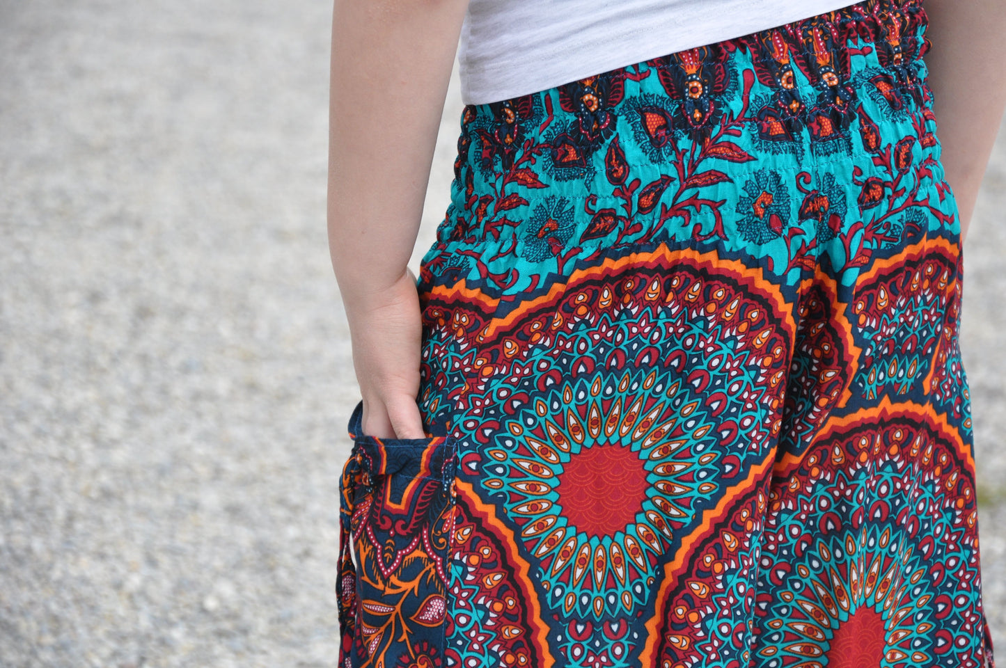 red orange turquoise patterned harem pants for children