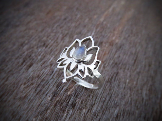 Ring with lotus flower and small stone made of silver