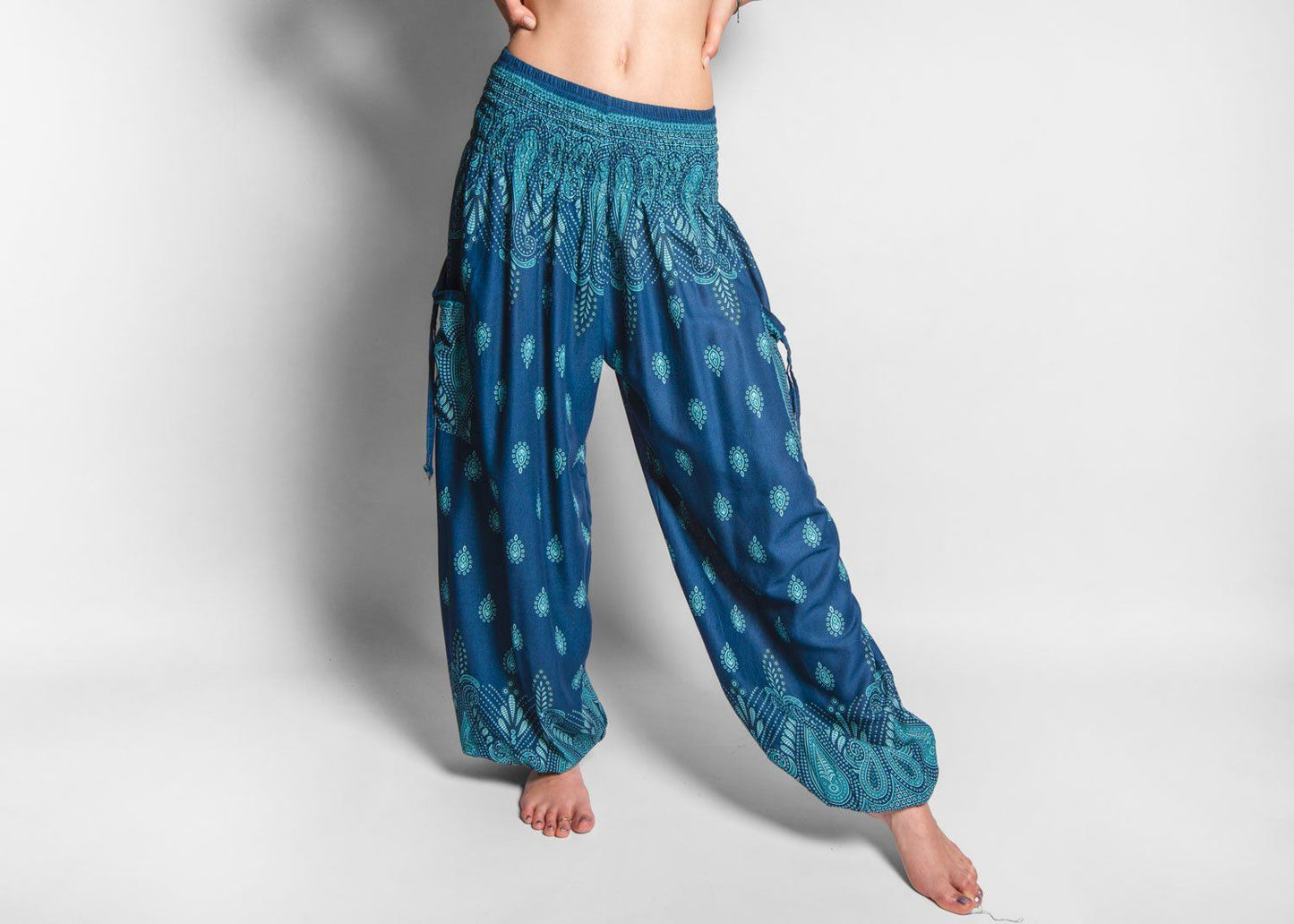 airy patterned harem pants in turquoise with pockets