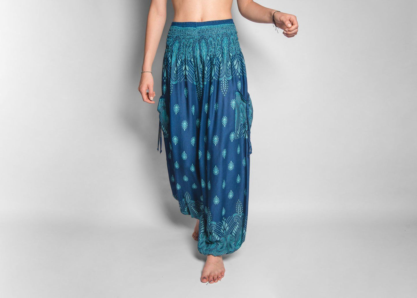 airy patterned harem pants in turquoise with pockets