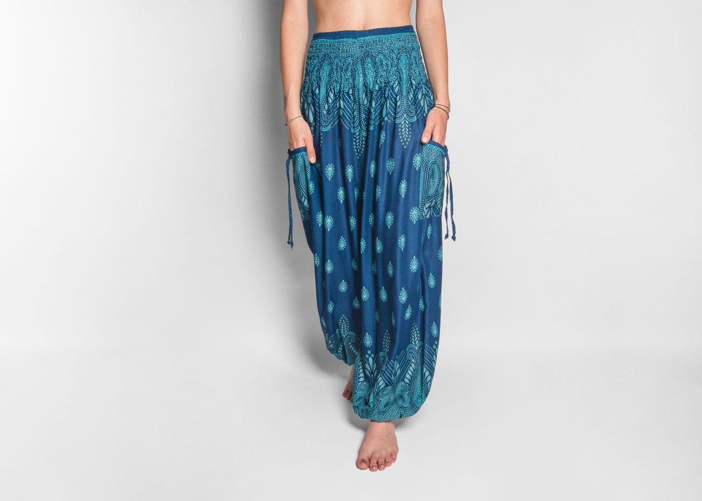 airy patterned harem pants in turquoise with pockets