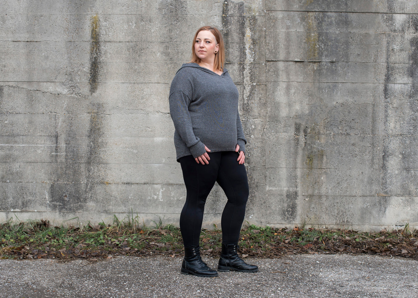 PLUS SIZE, long, plain knitted sweater with a large hood and thumbholes in gray
