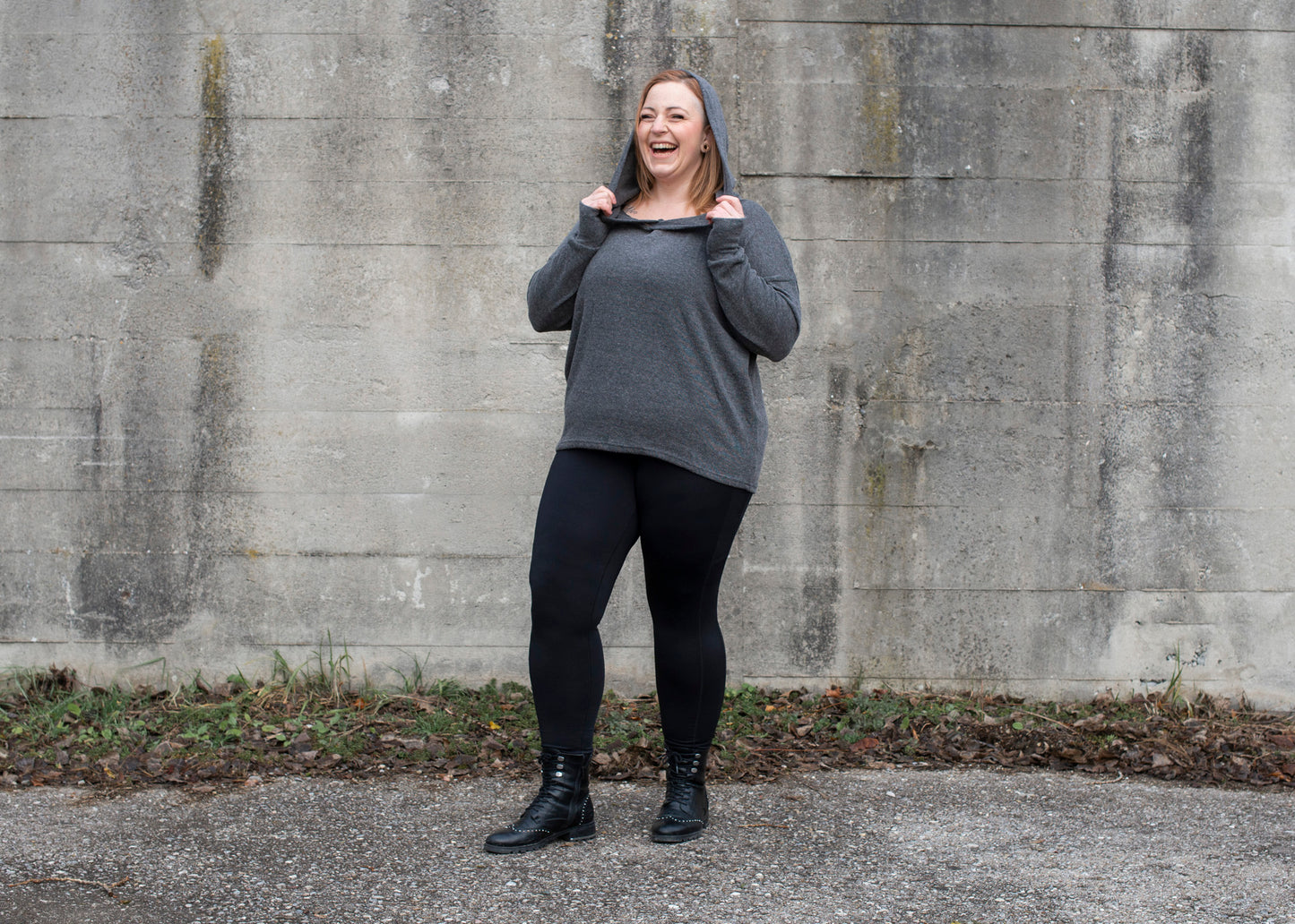 PLUS SIZE, long, plain knitted sweater with a large hood and thumbholes in gray