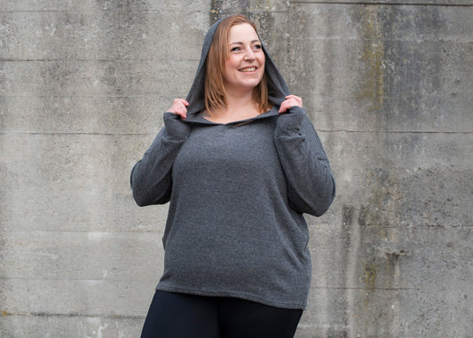 PLUS SIZE, long, plain knitted sweater with a large hood and thumbholes in gray