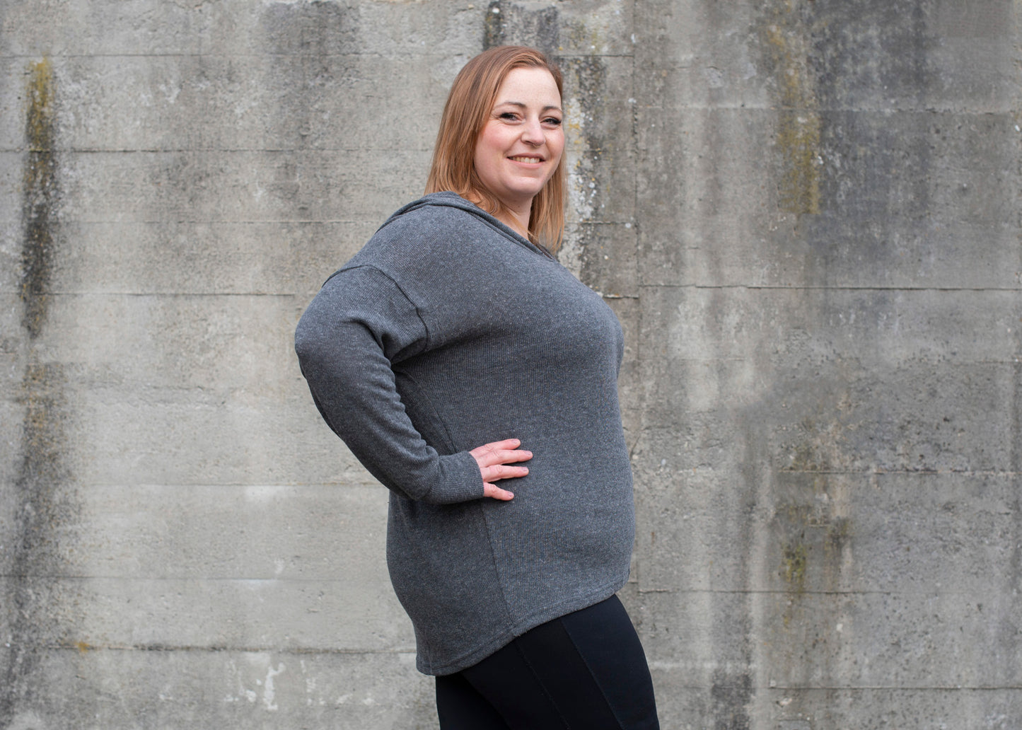 PLUS SIZE, long, plain knitted sweater with a large hood and thumbholes in gray