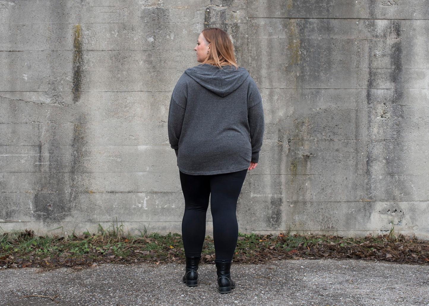 PLUS SIZE, long, plain knitted sweater with a large hood and thumbholes in gray