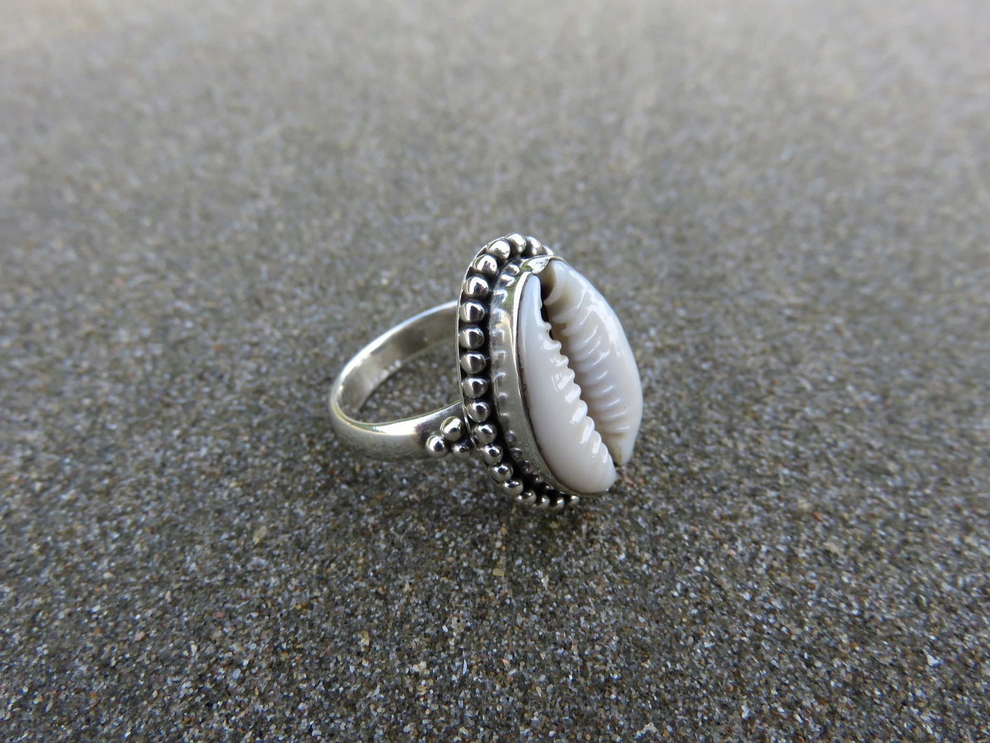Ring with cowrie shell decorated with small silver beads