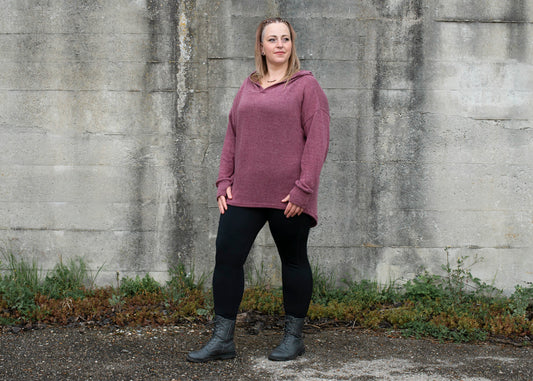 PLUS SIZE, long, plain knitted sweater with a large hood and thumbholes in red