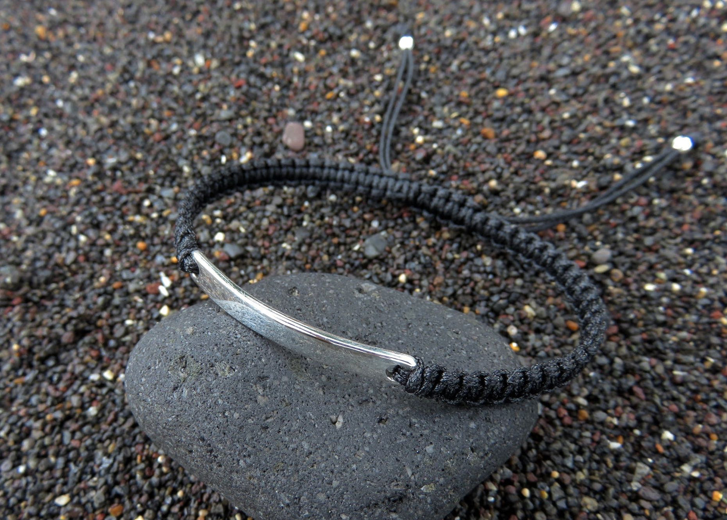 black bracelet for men with silver element