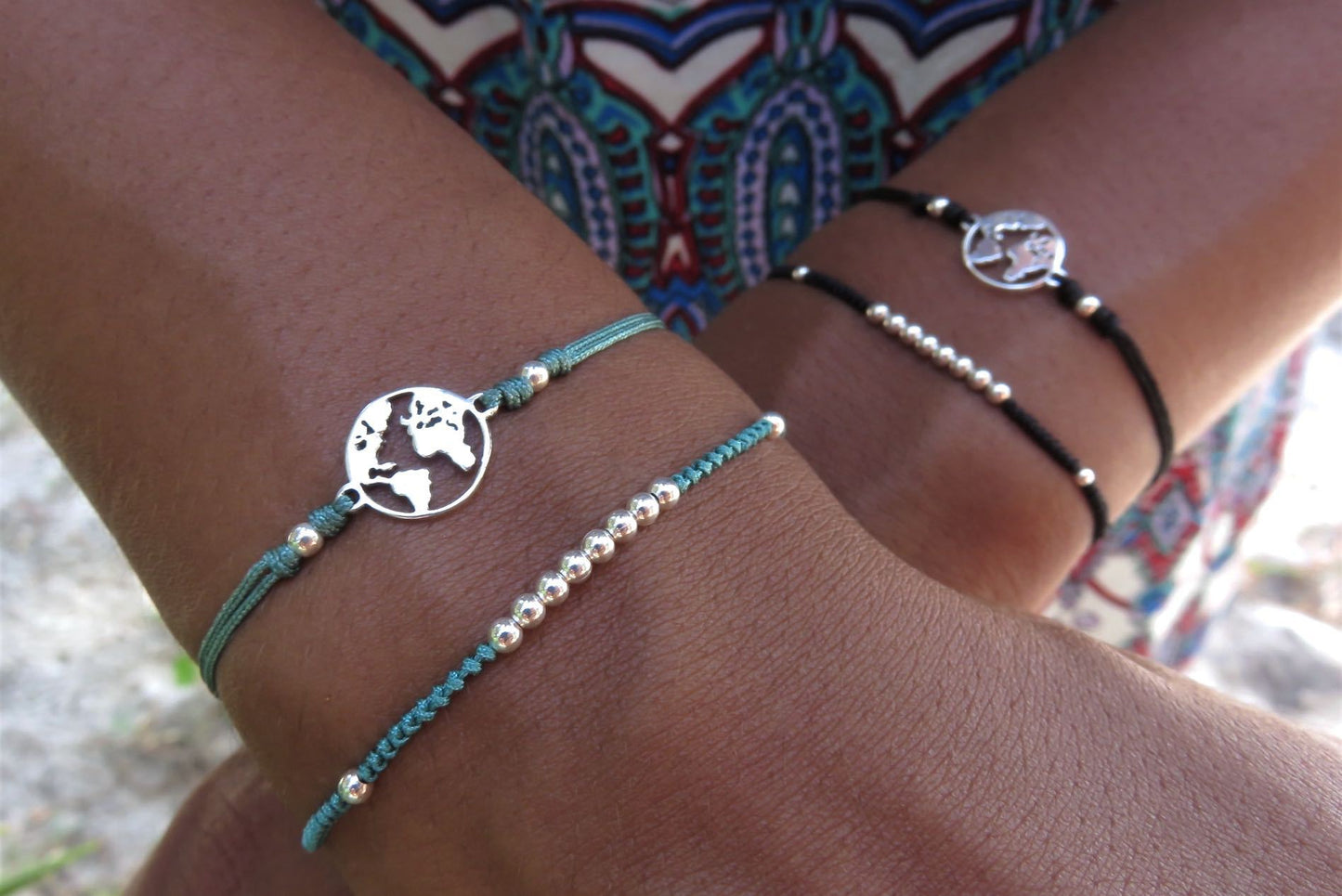 Bracelet set world map made of silver in black or turquoise