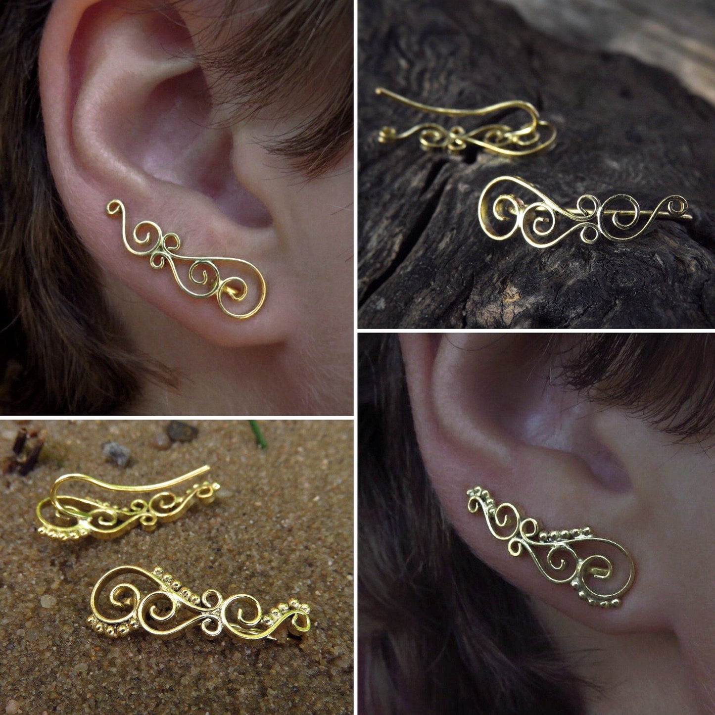 Ear climber earrings with spirals gold plated