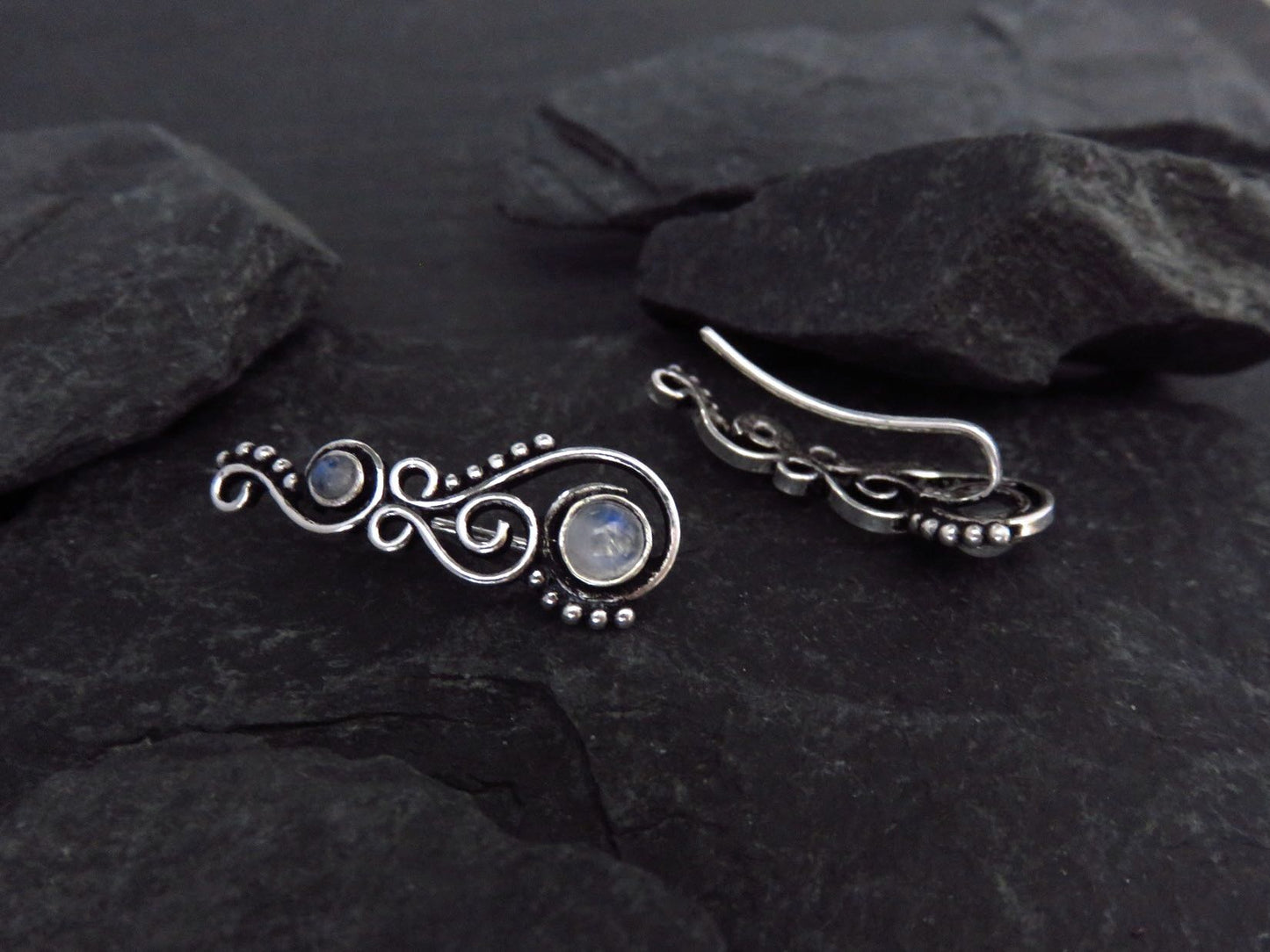 Earclimber earrings with rainbow moonstones made of silver