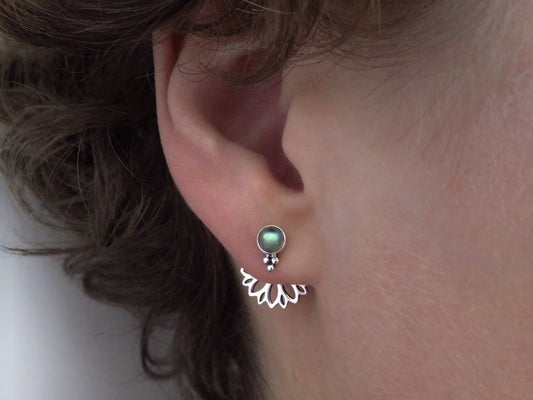 Front back stud earrings with 3 beads silver labradorite