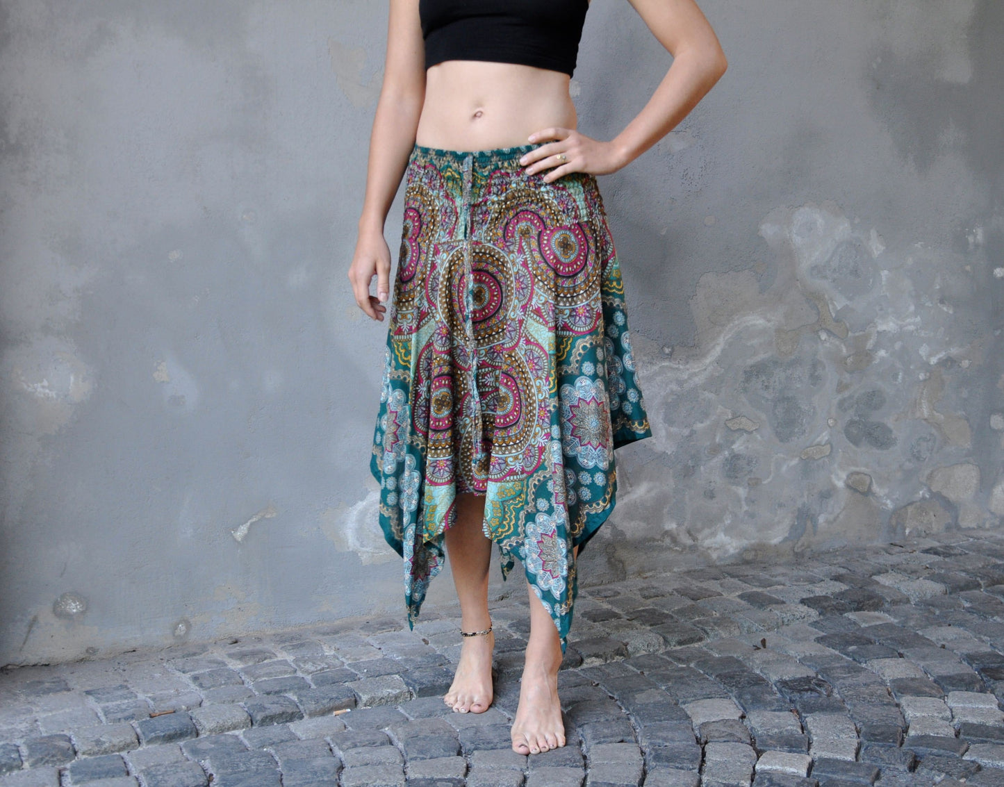 colorful patterned skirt with fringes, summer dress, elf dress, pointed skirt, fringed skirt