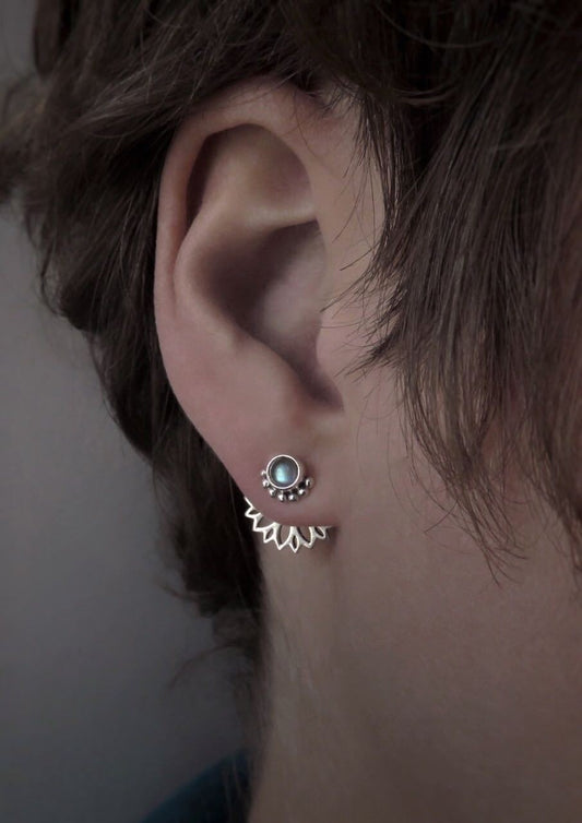 Front back stud earrings made of silver with labradorite stone