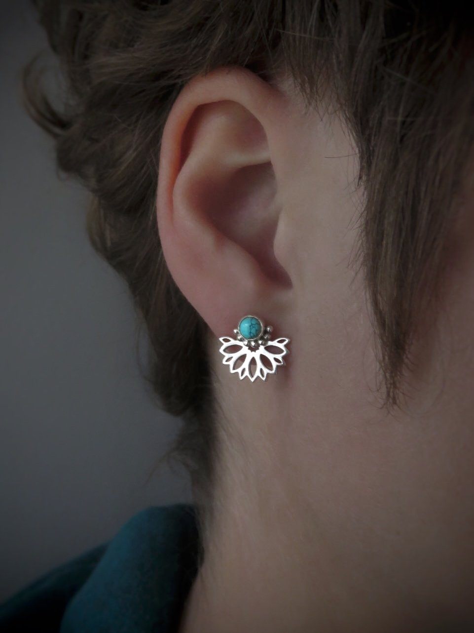 Front back stud earrings made of silver with turquoise stone