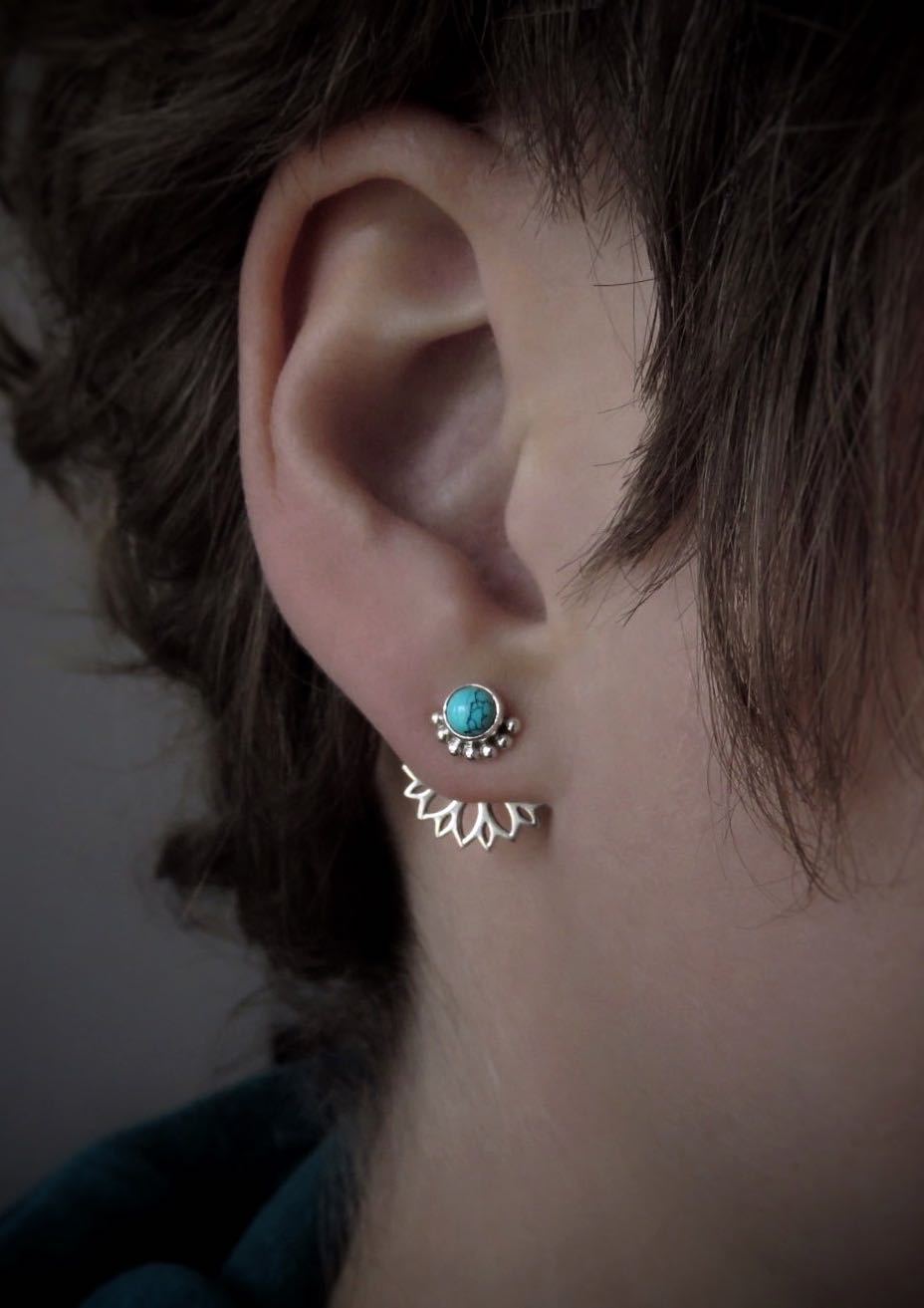Front back stud earrings made of silver with turquoise stone