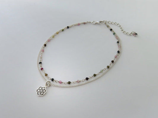 double row silver anklet with small pendant and tourmaline stones