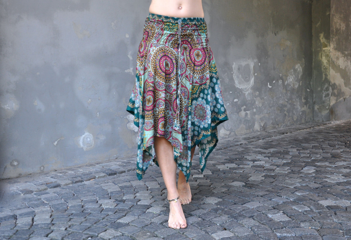 colorful patterned skirt with fringes, summer dress, elf dress, pointed skirt, fringed skirt