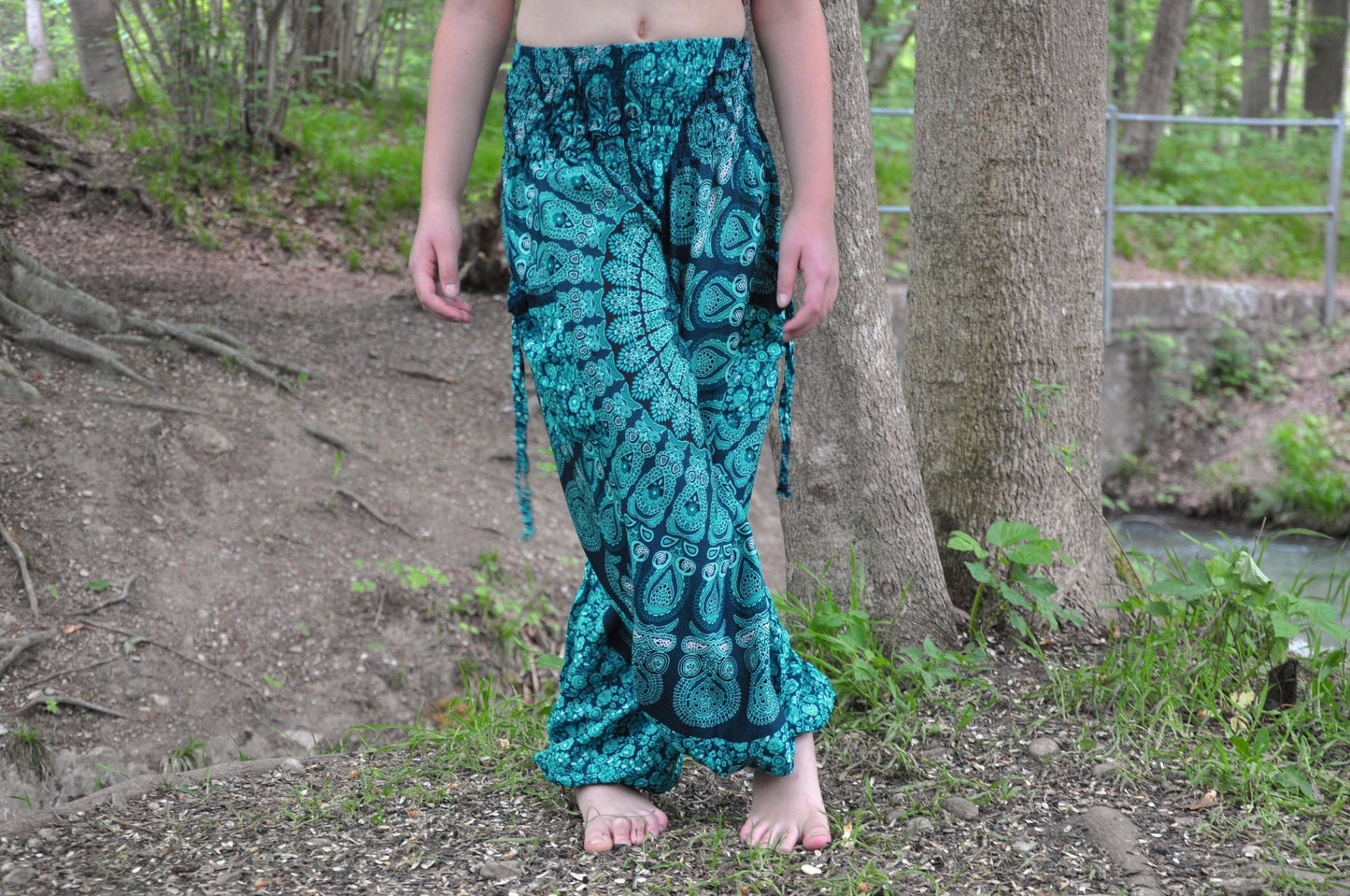 Turquoise patterned airy harem pants for children