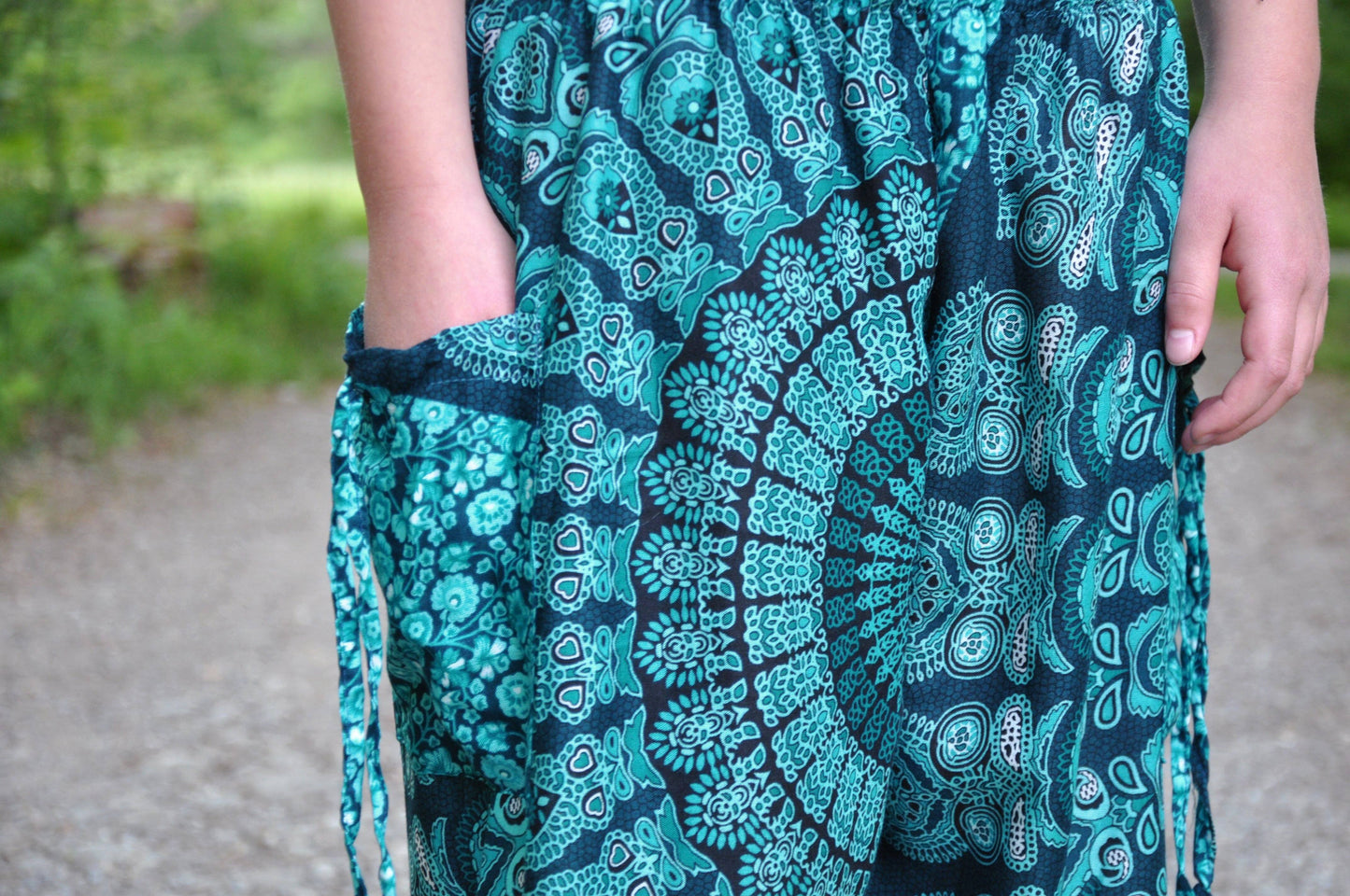 Turquoise patterned airy harem pants for children