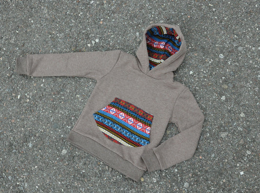 Children's sweater with colorful pocket and hood lining, brown