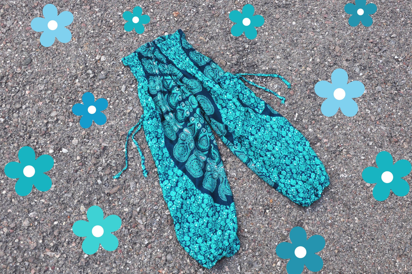 Turquoise patterned airy harem pants for children
