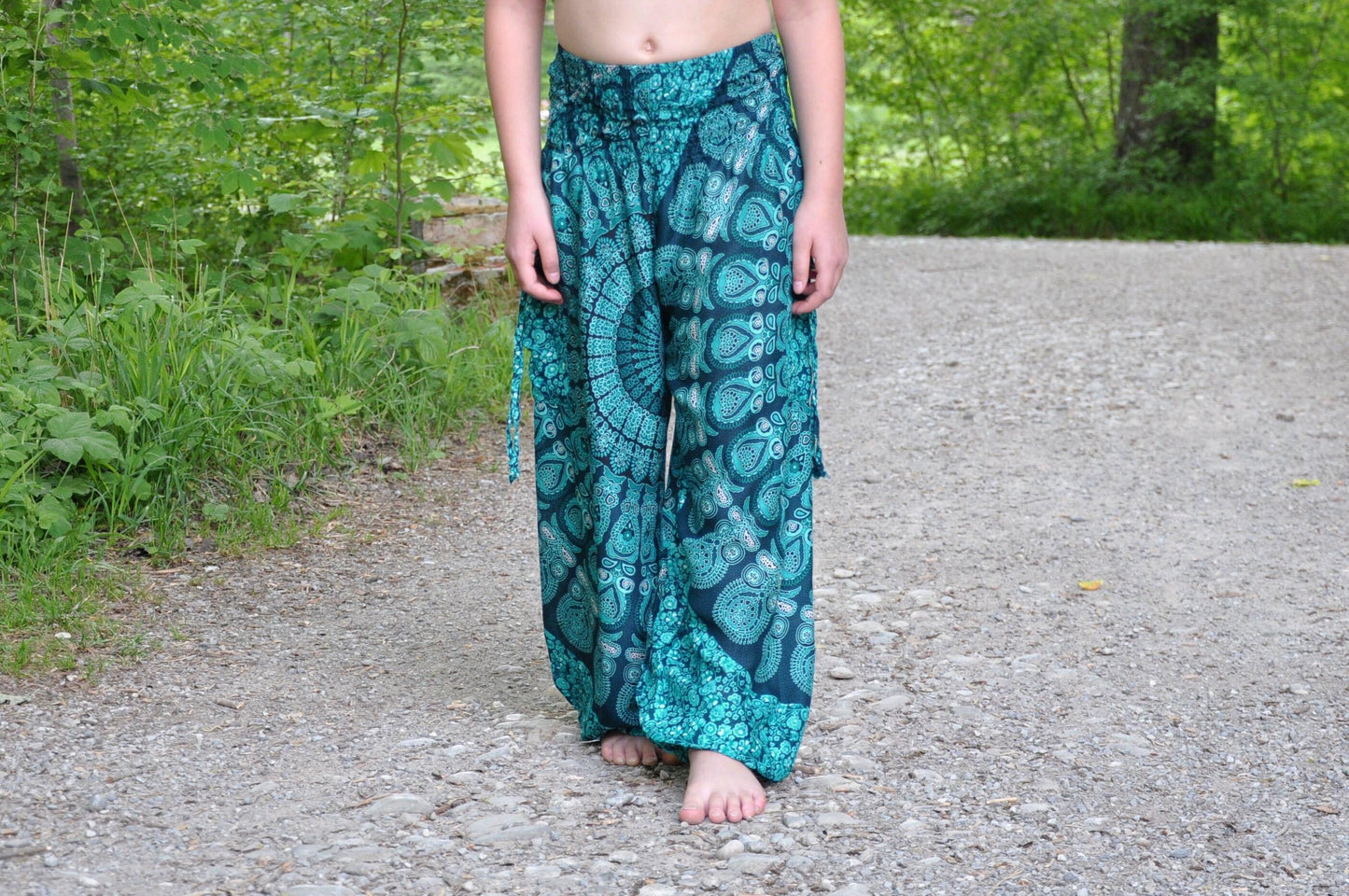 Turquoise patterned airy harem pants for children