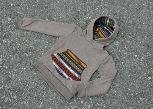 Children's sweater with colorful pocket and hood lining, brown
