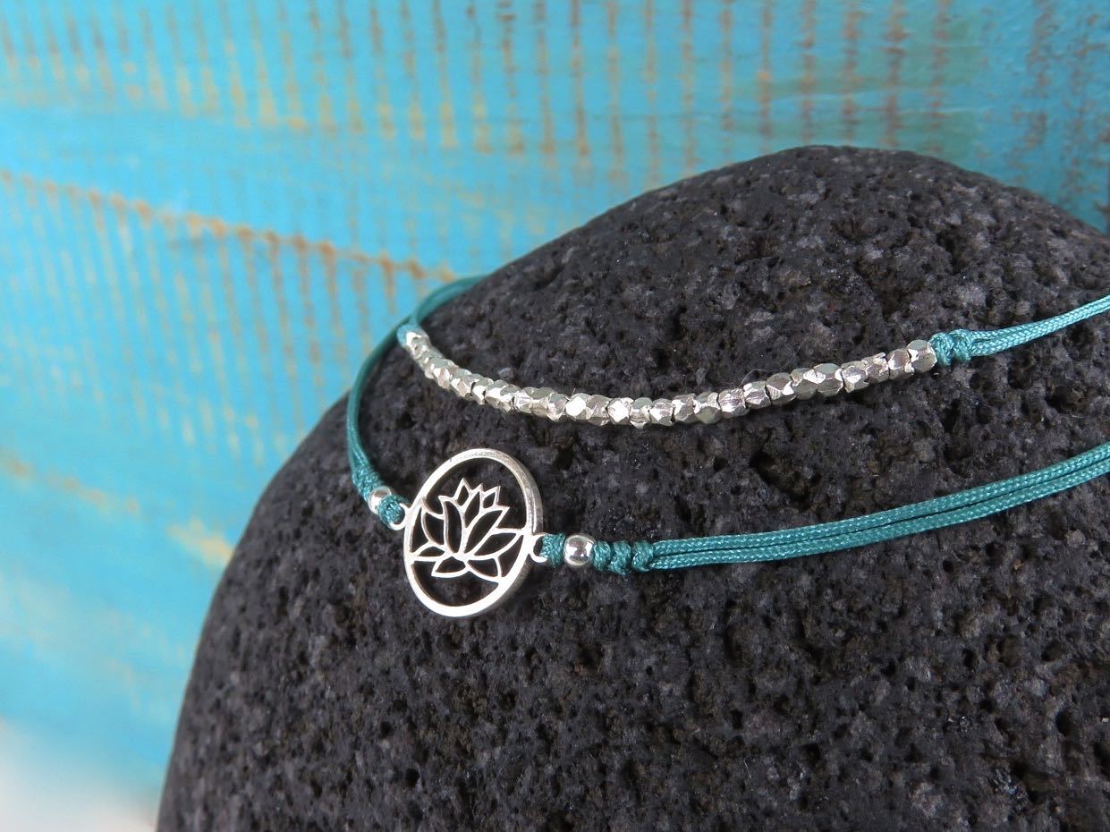 Bracelet set lotus flower made of silver in black or turquoise