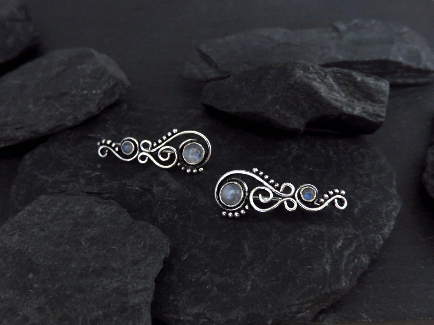Earclimber earrings with rainbow moonstones made of silver