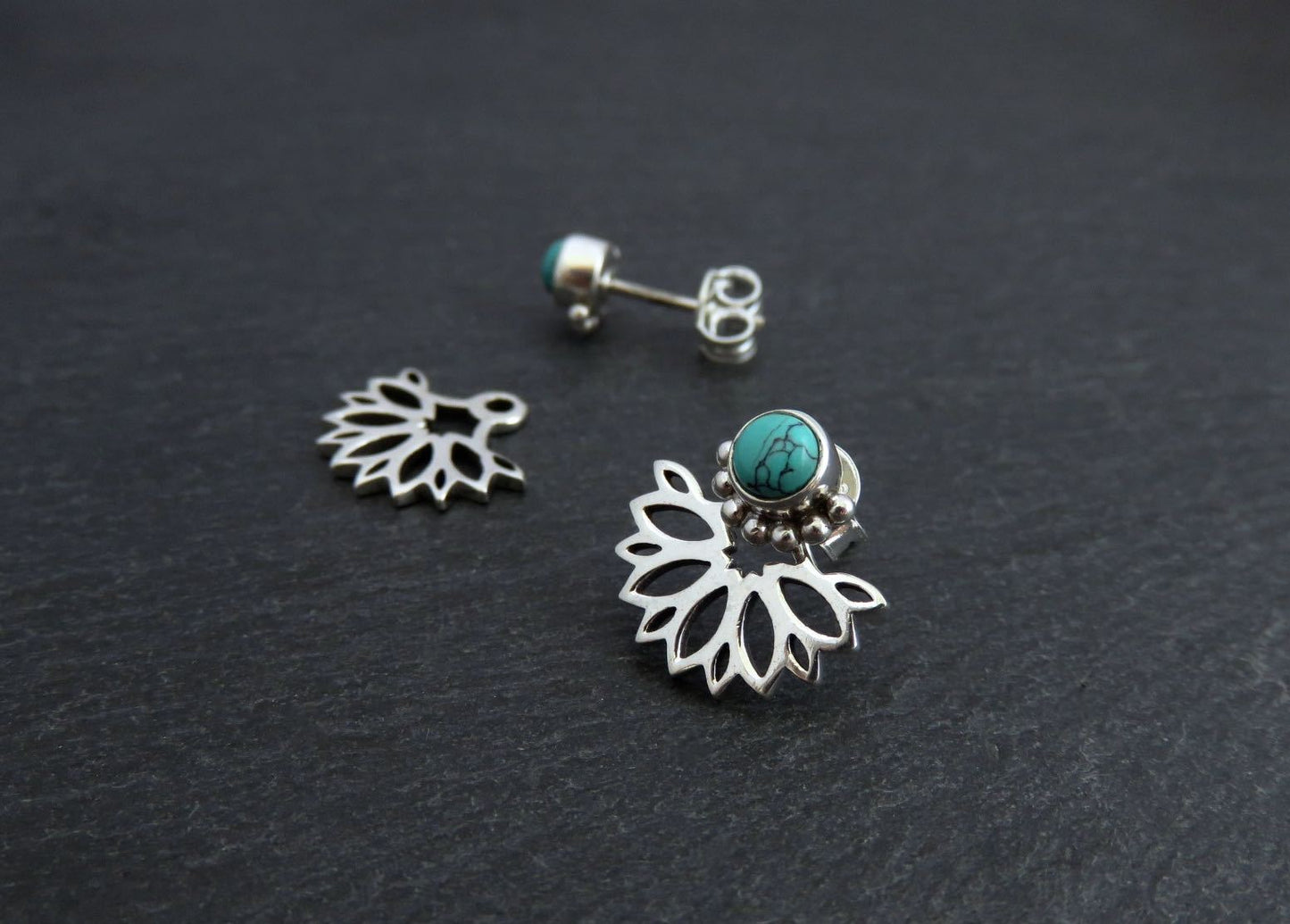Front back stud earrings made of silver with turquoise stone