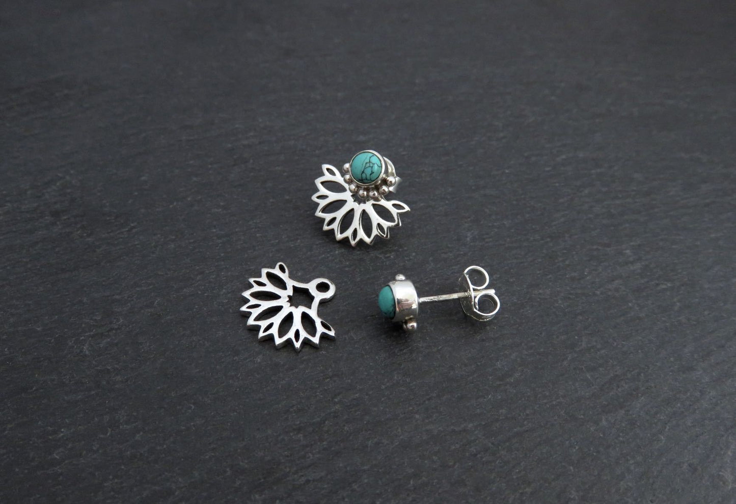 Front back stud earrings made of silver with turquoise stone