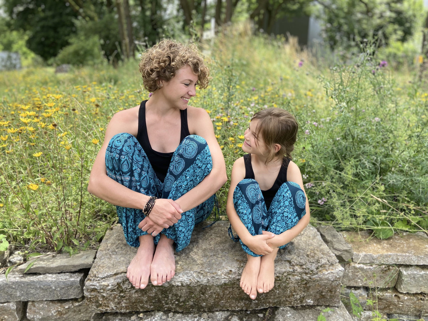 Turquoise patterned airy harem pants for children