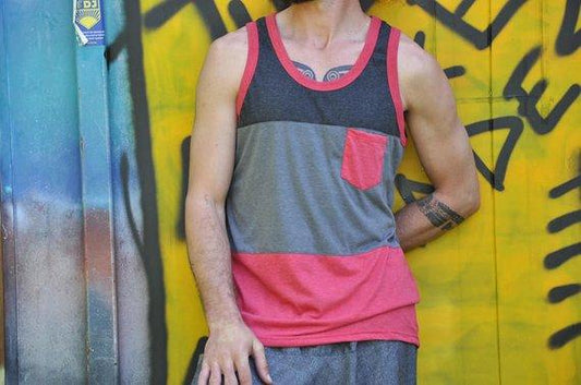 Tri-color tank top with chest pocket for men in red
