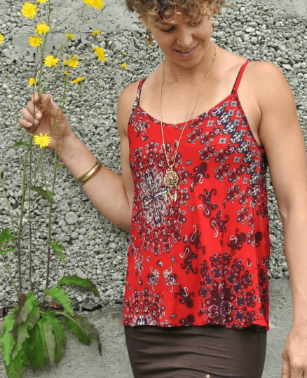 loose summer top with a floral pattern in red