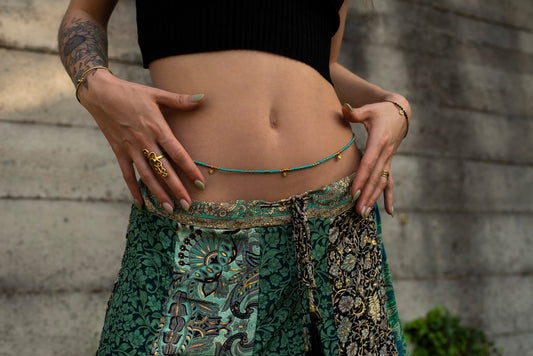 Belly chain with turquoise beads and brass spirals, hip chain, belly jewelry