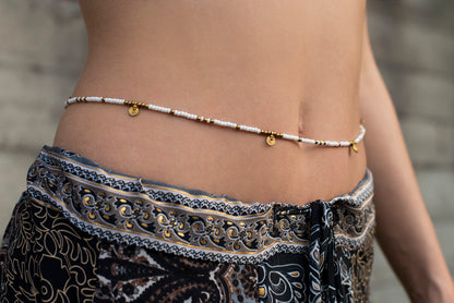 Belly chain with white beads and brass spirals, hip chain, belly jewelry