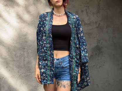 blue orange patterned kimono, blouse, cover-up, light jacket