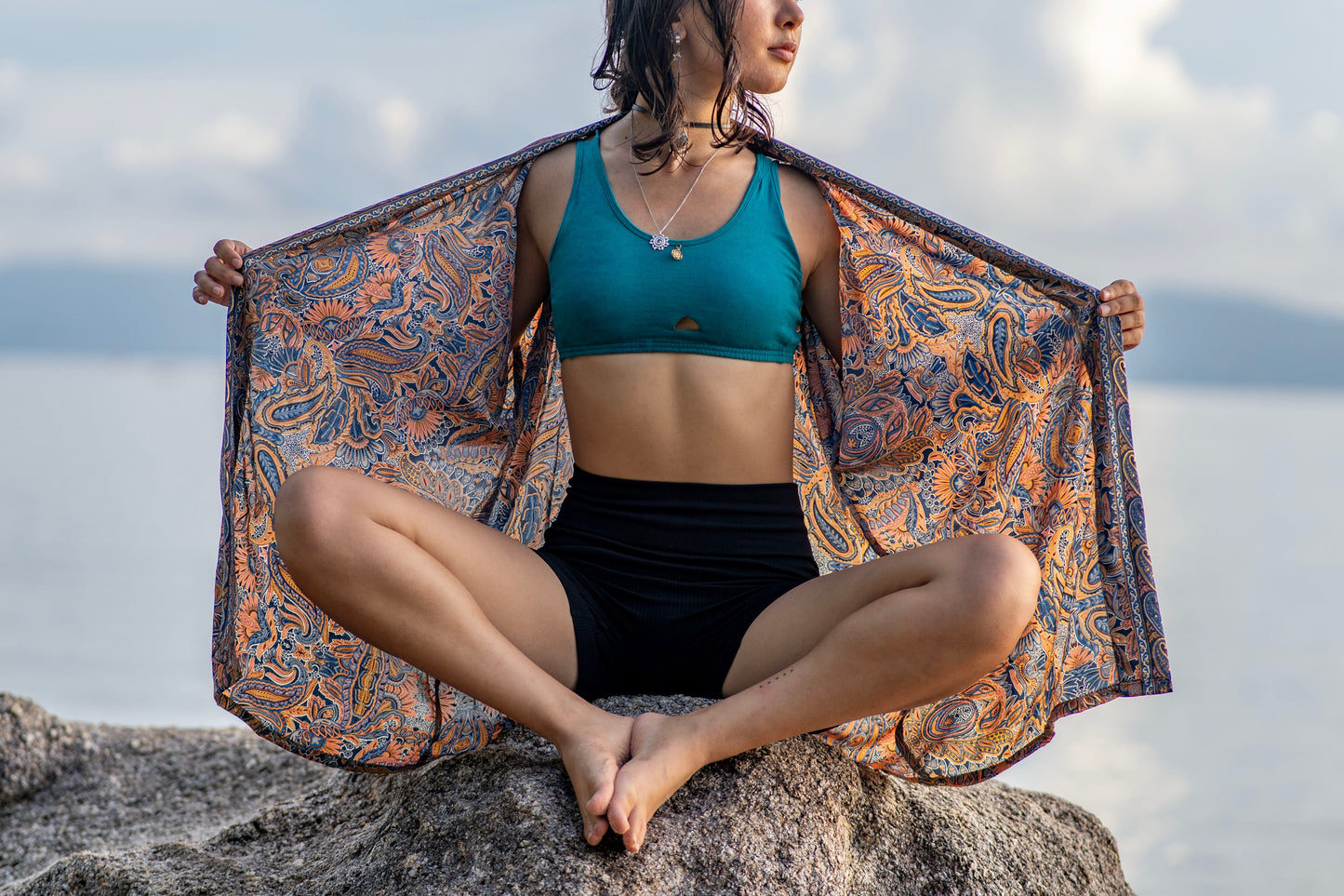 blue orange patterned kimono, blouse, cover-up, light jacket