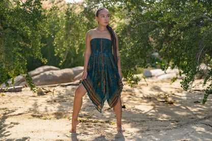 Skirt with fringes, summer dress, elf dress, pointed skirt, fringed skirt with peacock pattern in turquoise
