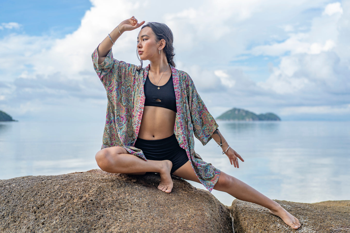 colorful patterned kimono, blouse, throw, light jacket in green, pink and light blue