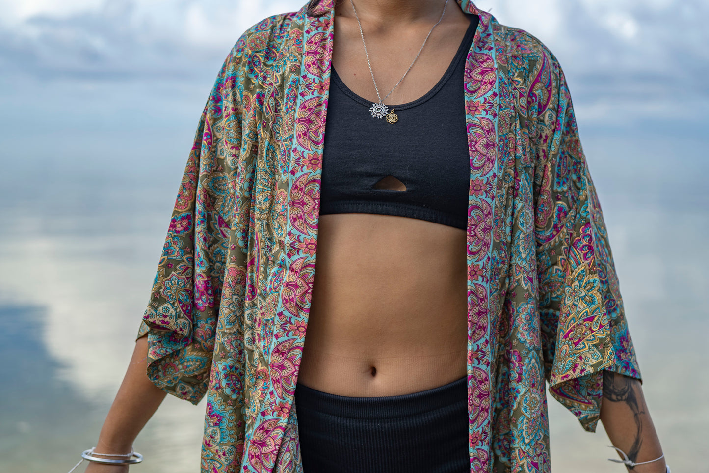colorful patterned kimono, blouse, throw, light jacket in green, pink and light blue