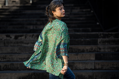 blue orange patterned kimono, blouse, cover-up, light jacket