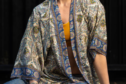 blue orange patterned kimono, blouse, cover-up, light jacket