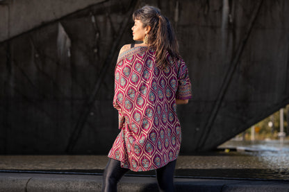 blue orange patterned kimono, blouse, cover-up, light jacket