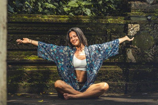 blue orange patterned kimono, blouse, cover-up, light jacket