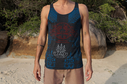 Sak Yant Muay Thai Tattoo Yantra Tanktop grau blau rot weiß Stier