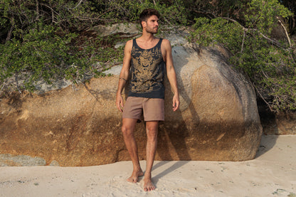 Patterned Sak Yant tank top for men in gray